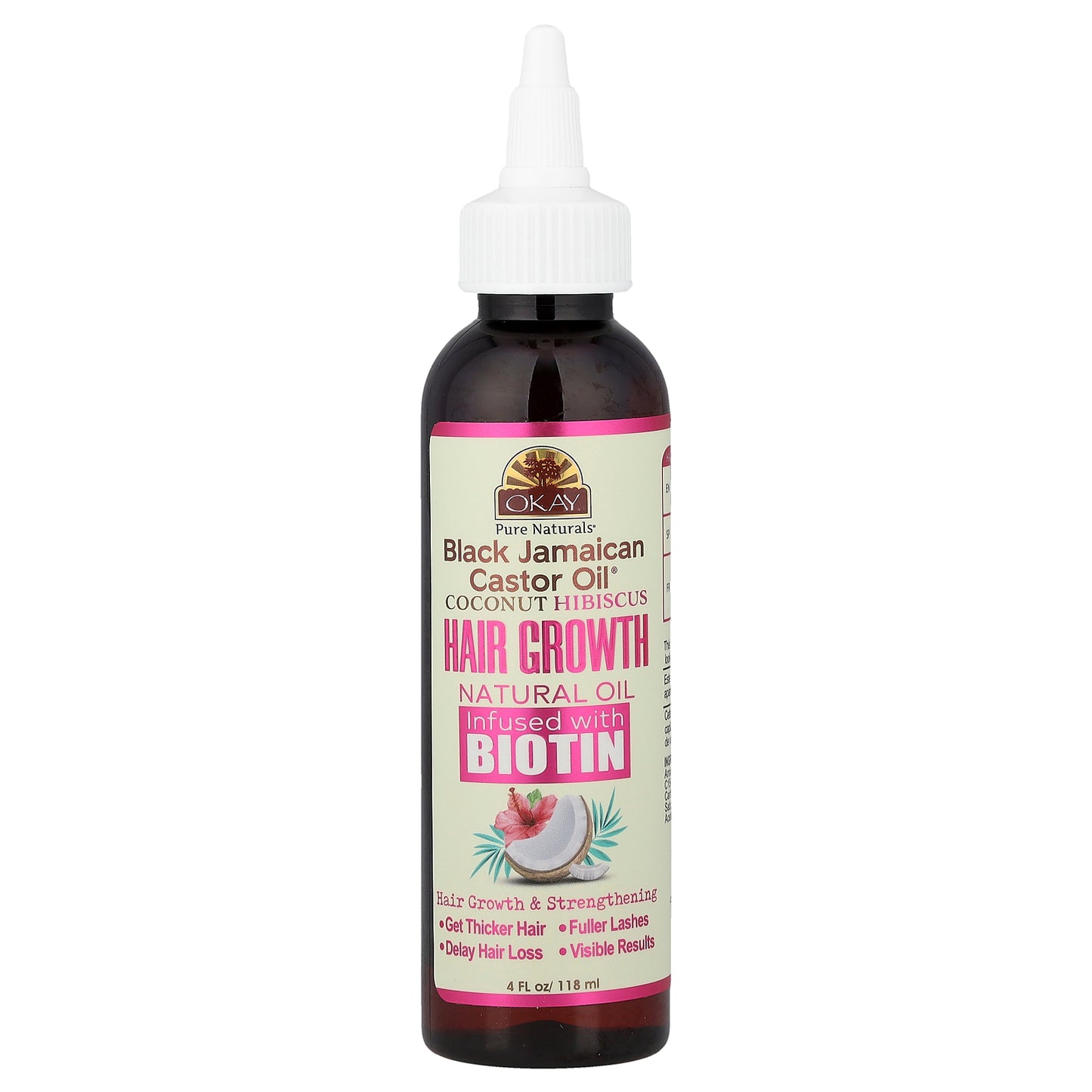 Okay Pure Naturals, Black Jamaican Castor Oil®, Coconut Hibiscus Hair Growth Natural Oil Infused With Biotin, 4 fl oz (118 ml)