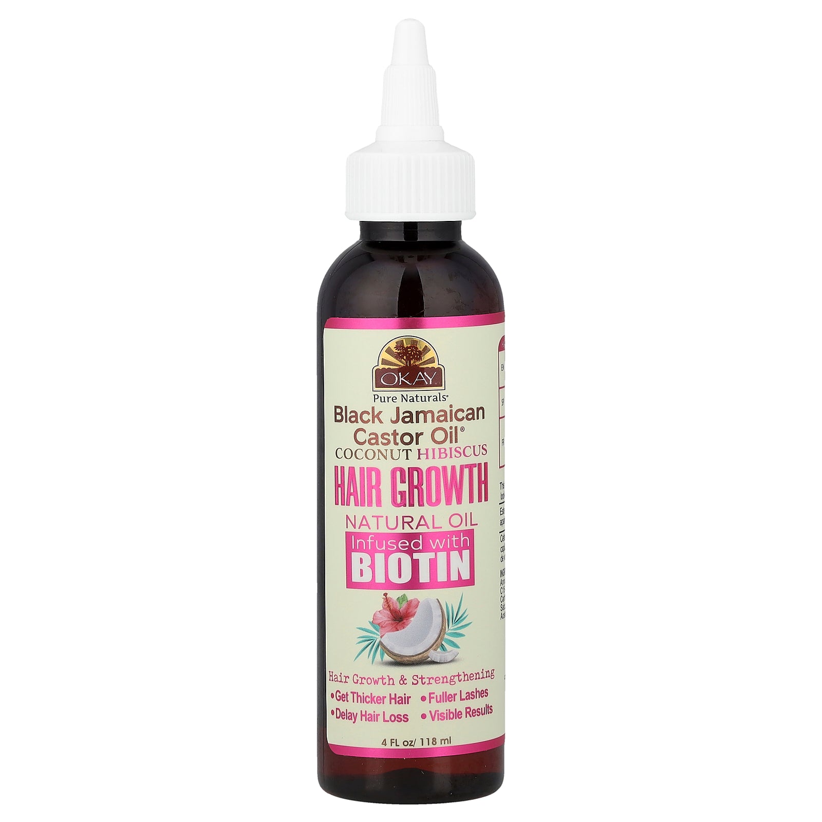 Okay Pure Naturals, Black Jamaican Castor Oil®, Coconut Hibiscus Hair Growth Natural Oil Infused With Biotin, 4 fl oz (118 ml)