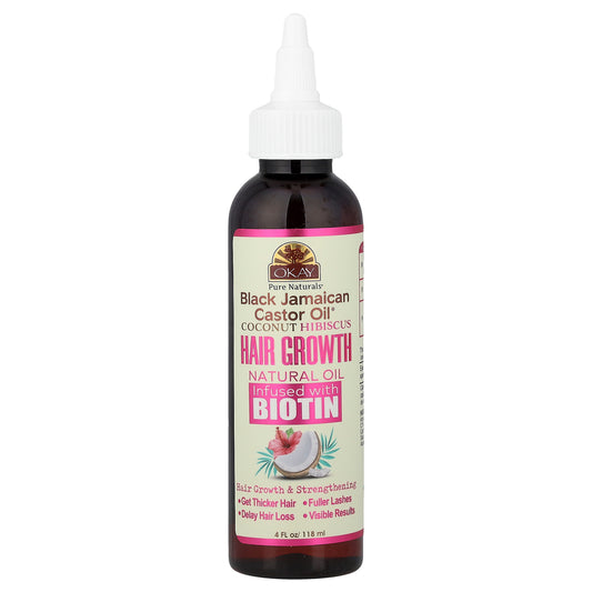 Okay Pure Naturals, Black Jamaican Castor Oil®, Coconut Hibiscus Hair Growth Natural Oil Infused With Biotin, 4 fl oz (118 ml)