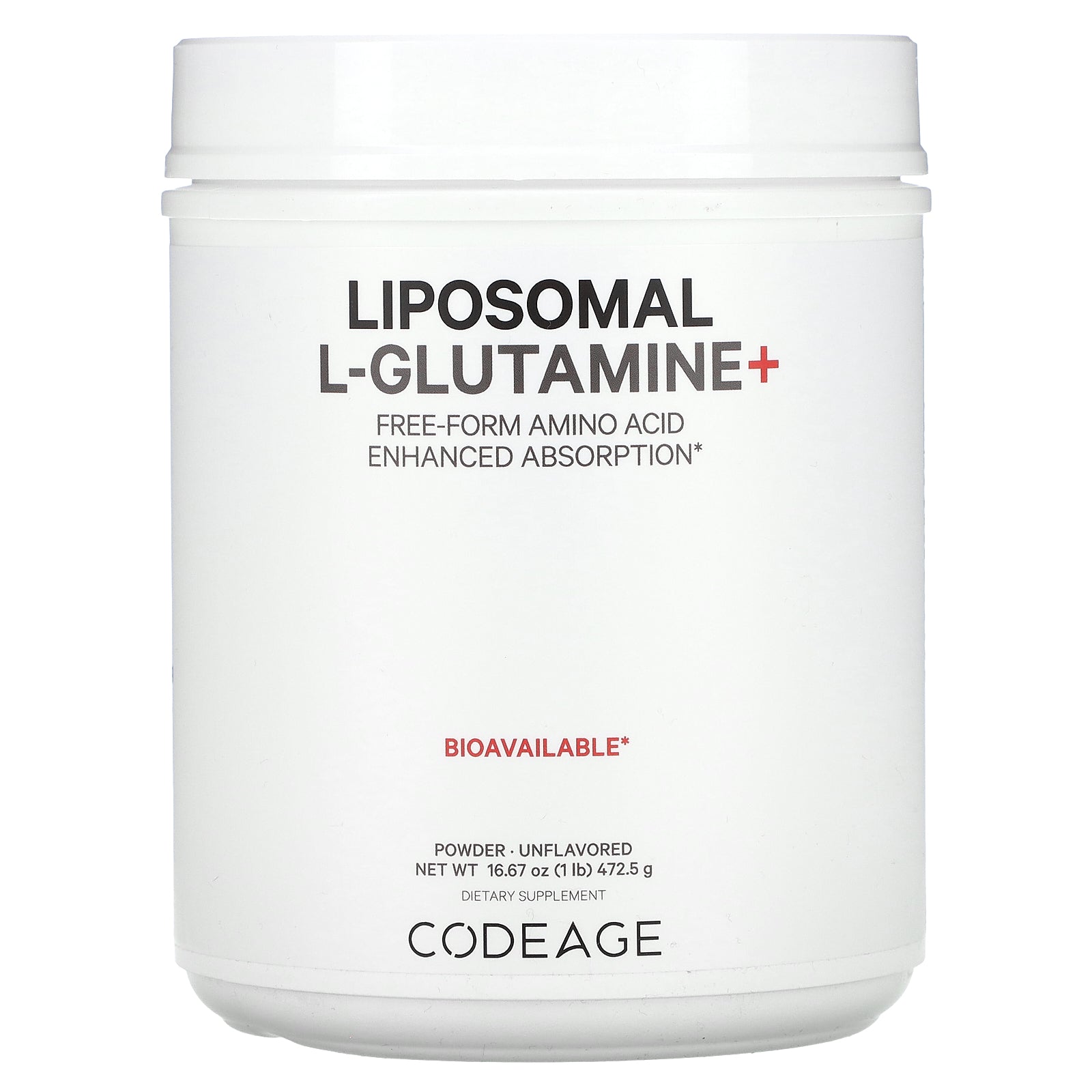 Codeage, Liposomal L-Glutamine+ Powder, Free-Form Amino Acid, Enhanced Absorption, Unflavored, 5,000 mg , 1 lb (472.5 g)