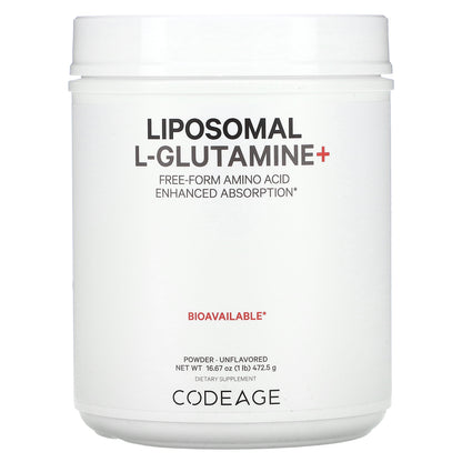 Codeage, Liposomal L-Glutamine+ Powder, Free-Form Amino Acid, Enhanced Absorption, Unflavored, 5,000 mg , 1 lb (472.5 g)