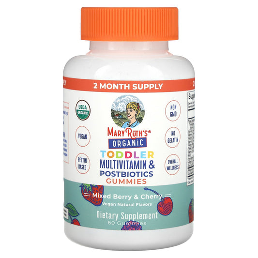 MaryRuth's, Organic Toddler Multivitamin & Postbiotics Gummies, Mixed Berry & Cherry, 60 Gummies