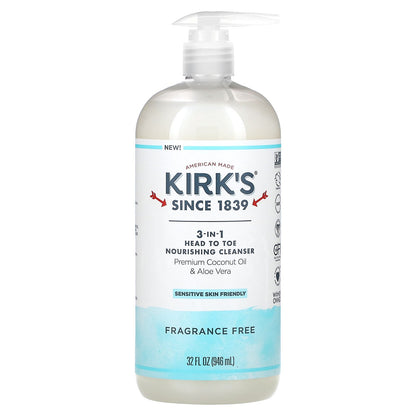 Kirk's, 3-In-1 Head To Toe Nourishing Cleanser, Fragrance Free, 32 fl oz (946 ml)