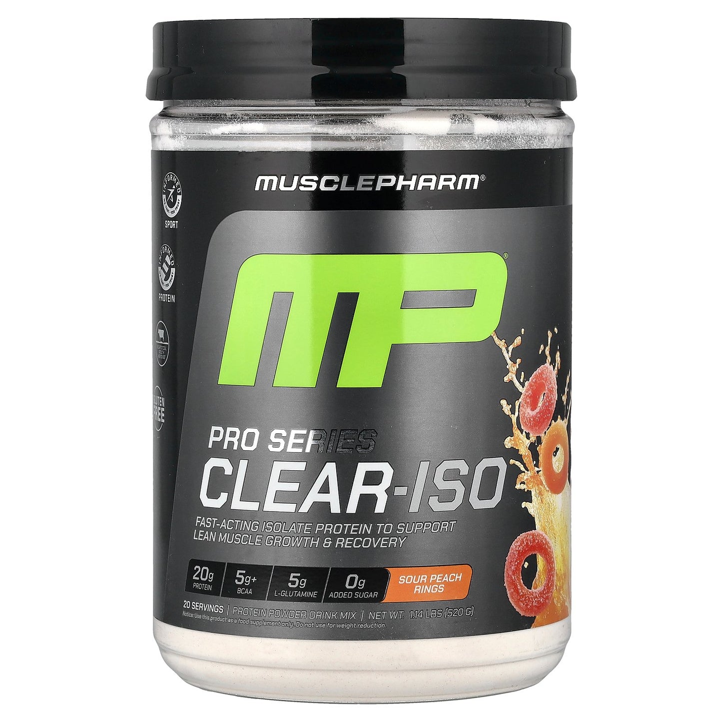 MusclePharm, Pro Series Clear-ISO, Protein Powder Drink Mix, Sour Peach Rings, 1.14 lbs (520 mg)