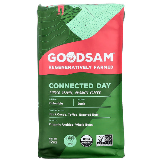 GoodSam, Single Origin Organic Coffee, Connected Day, Whole Bean, Dark Roast, 12 oz