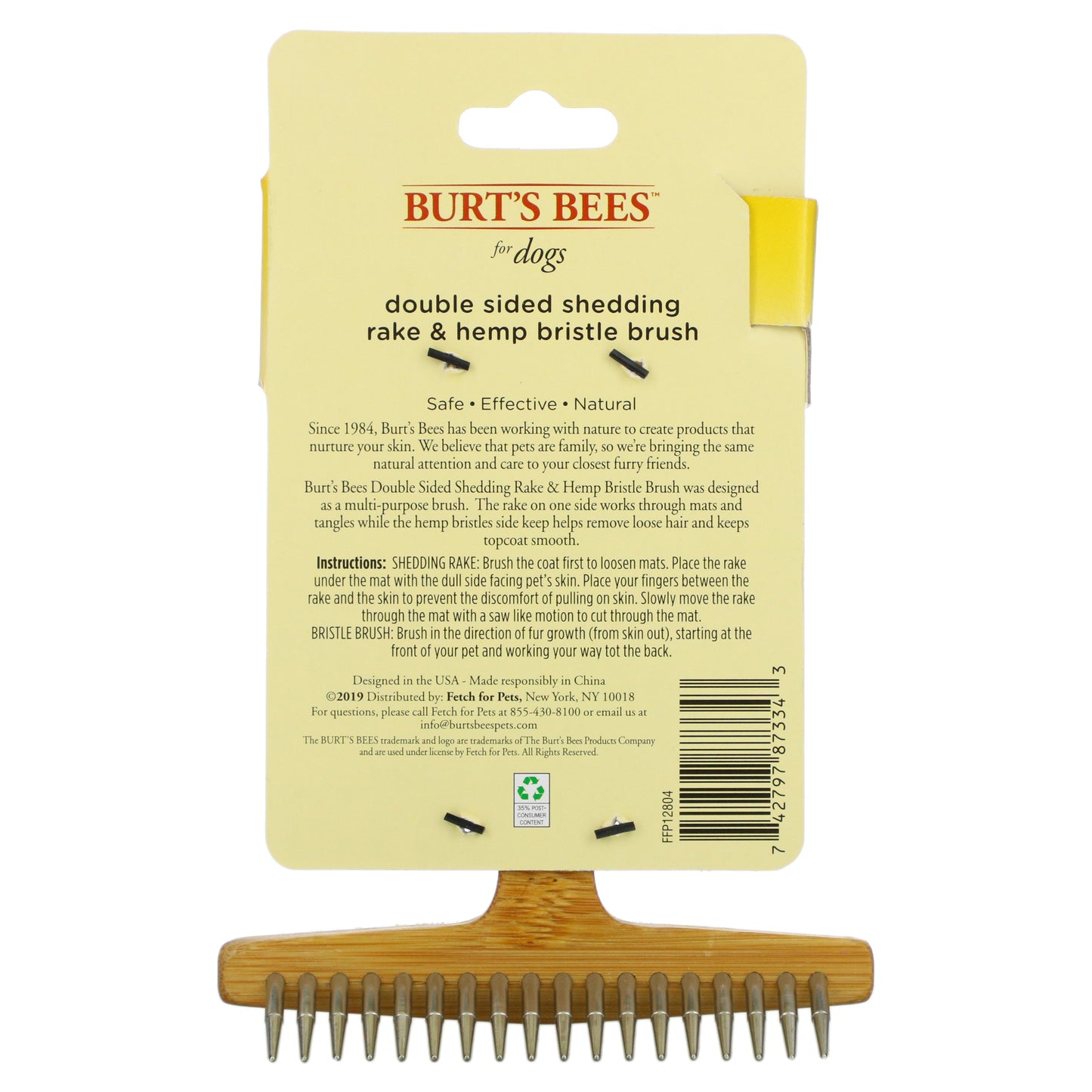 Burt's Bees, Double Sided Shedding Rake & Hemp Bristle Brush for Dogs, 1 Brush