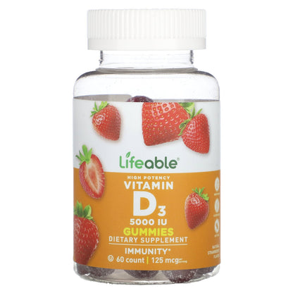 Lifeable, High Potency Vitamin D3 Gummies, Natural Strawberry, 60 Gummies (62.5 mg (2,500 IU) per Gummy)