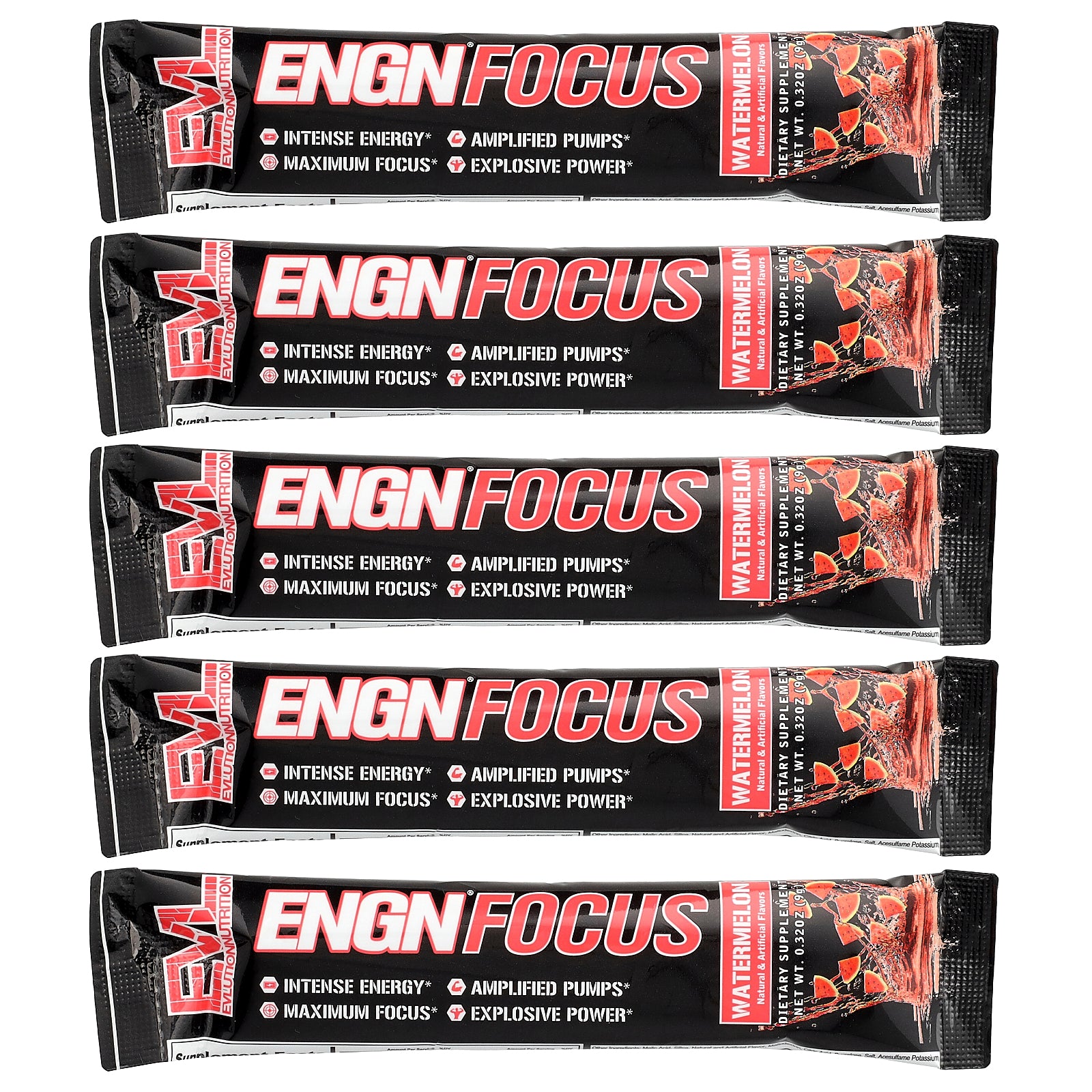 EVLution Nutrition, ENGN® Focus, Watermelon, 5 Packets, 0.32 oz (9 g) Each