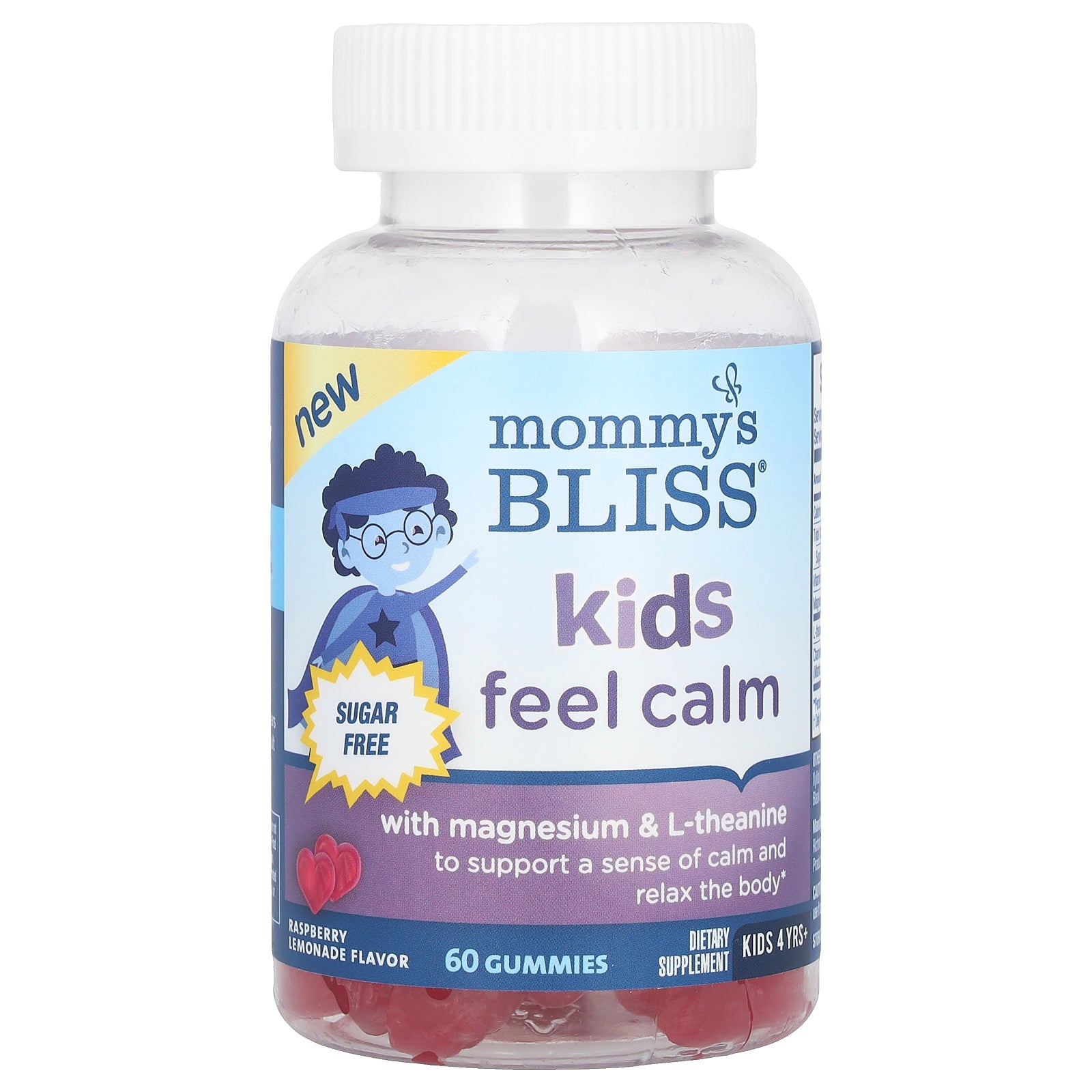 Mommy's Bliss, Kids Feel Calm Gummies with Magnesium & L-Theanine, Sugar Free, 4 Yrs+, Raspberry Lemonade, 60 Gummies