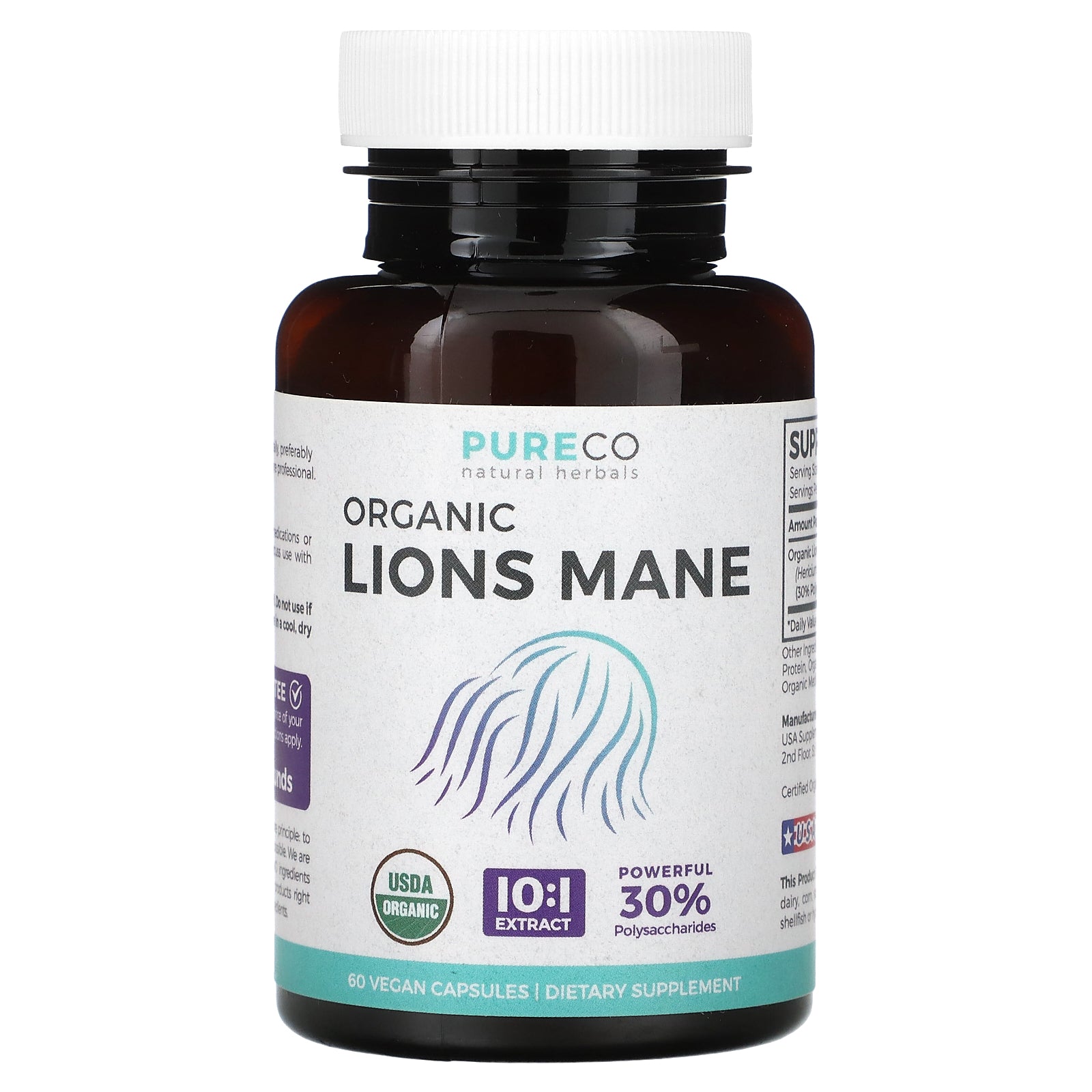 Pure Co., Organic Lions Mane, 60 Vegan Capsules (500 mg per Capsule)