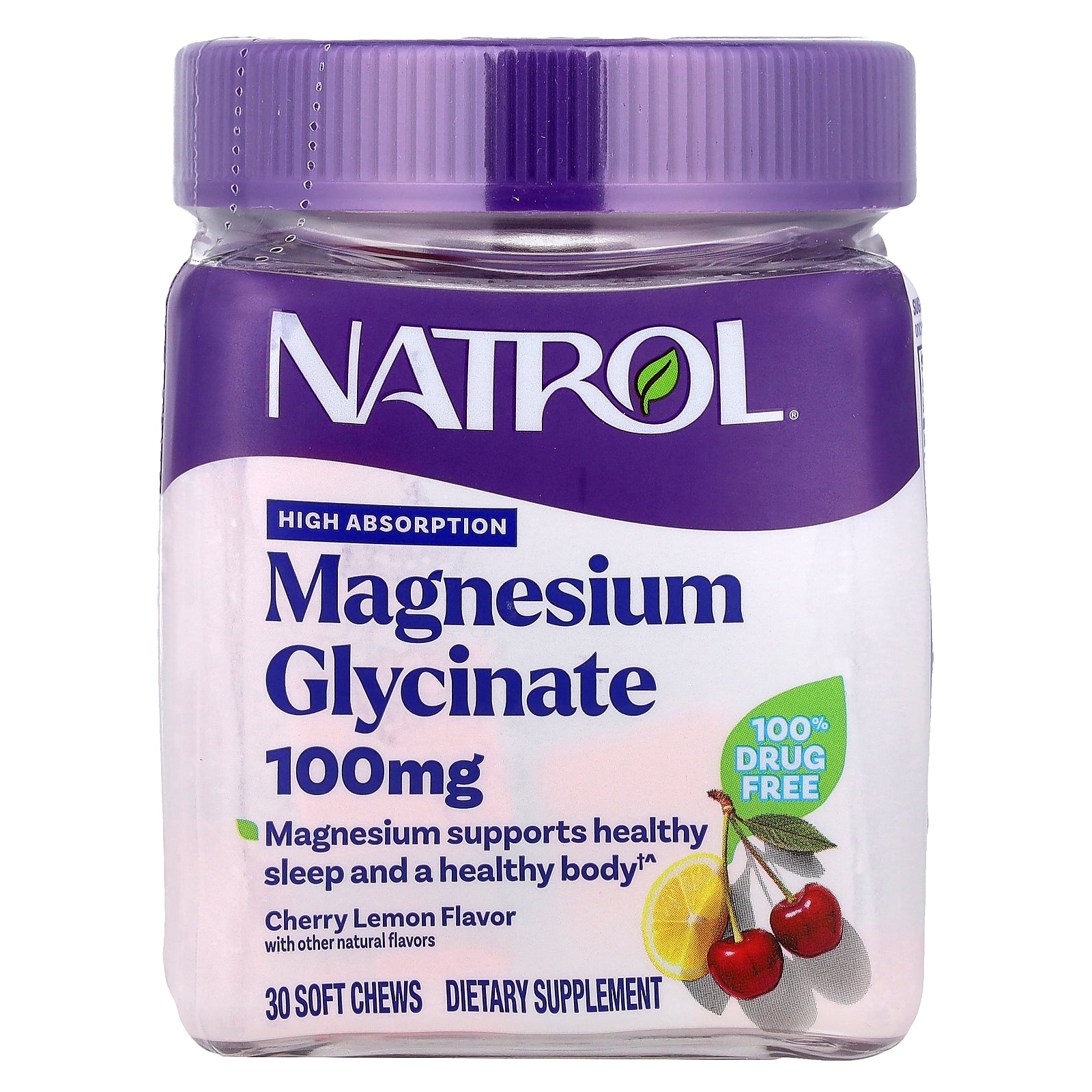 Natrol, Magnesium Glycinate, High Absorption, Cherry Lemon, 100 mg, 30 Soft Chews