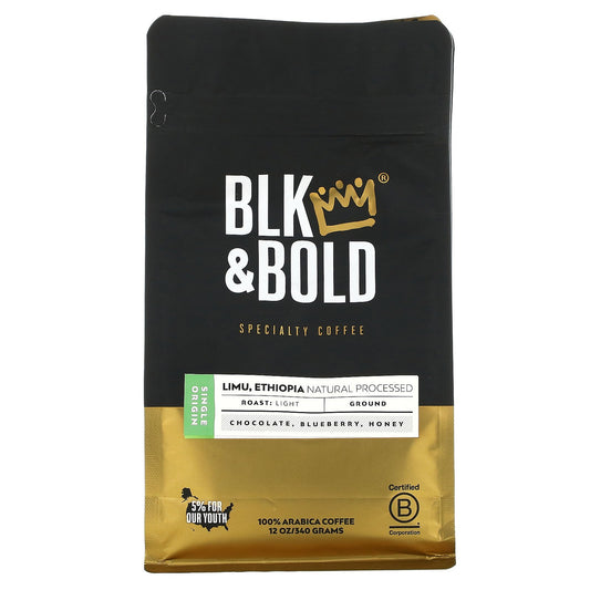 BLK & Bold, Specialty Coffee, Limu, Ethiopia Natural Processed, Ground, Light Roast, 12 oz (340 g)