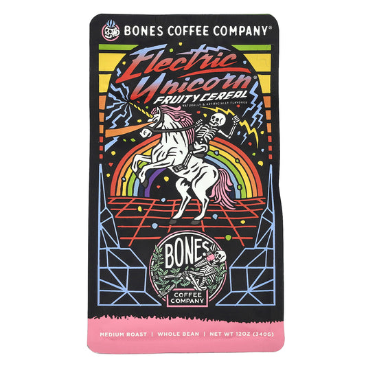 Bones Coffee Company, Electric Unicorn, Fruity Cereal, Whole Bean, Medium Roast, 12 oz (340 g)