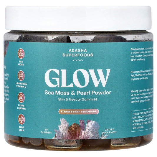Akasha Superfoods, Glow, Sea Moss & Pearl Powder, Strawberry Lemonade, 60 Gummies