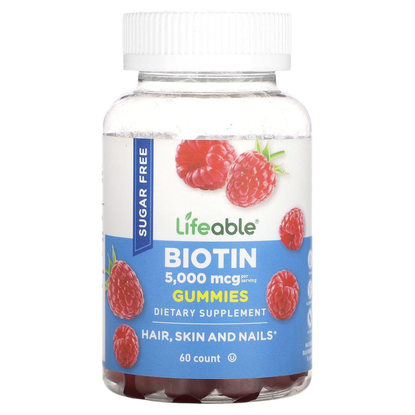 Lifeable, Biotin Gummies, Sugar Free, Natural Raspberry, 60 Gummies (2,500 mcg per Gummy)