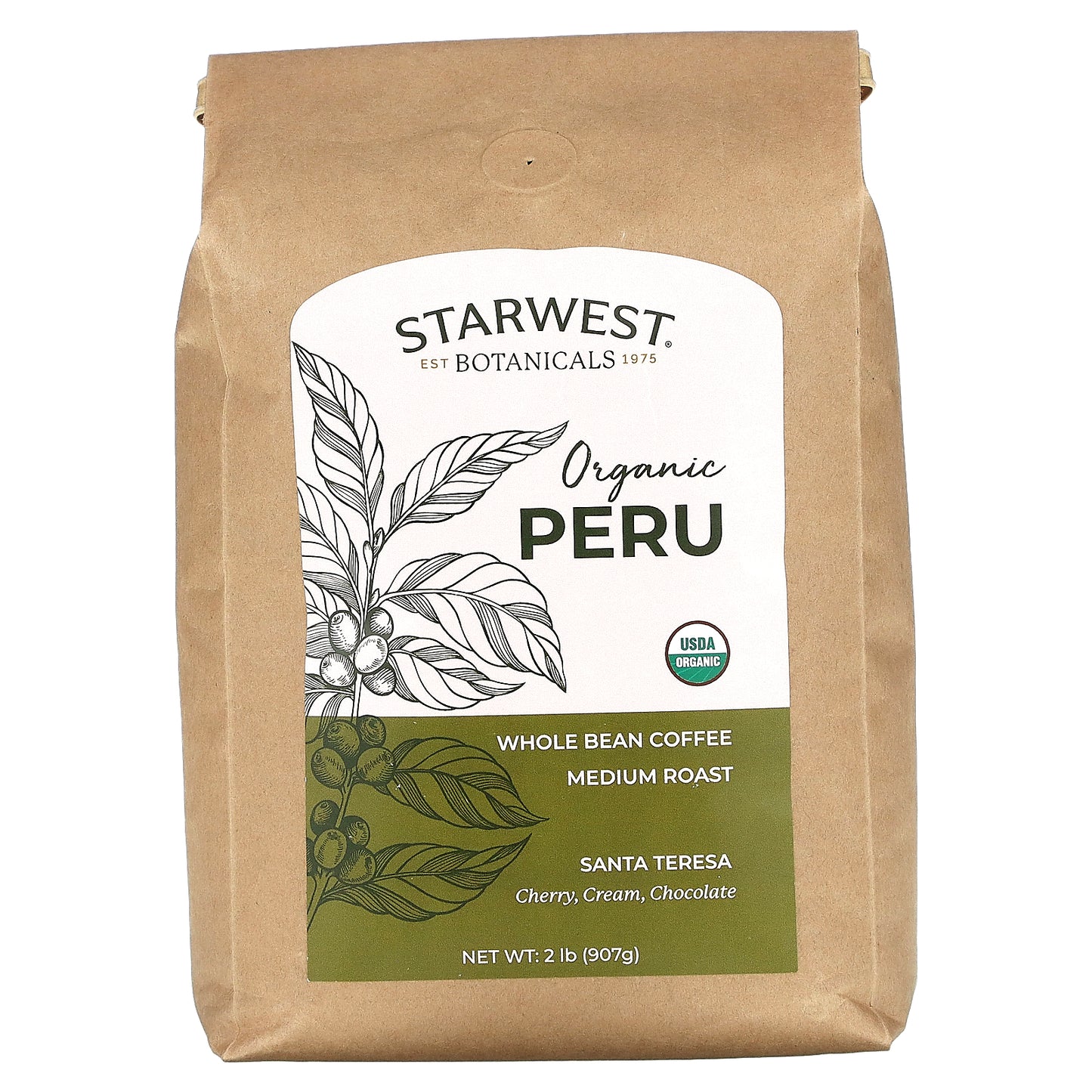 Starwest Botanicals, Organic Peru Coffee, Santa Teresa, Whole Bean, Medium Roast, 2 lbs (907 g)