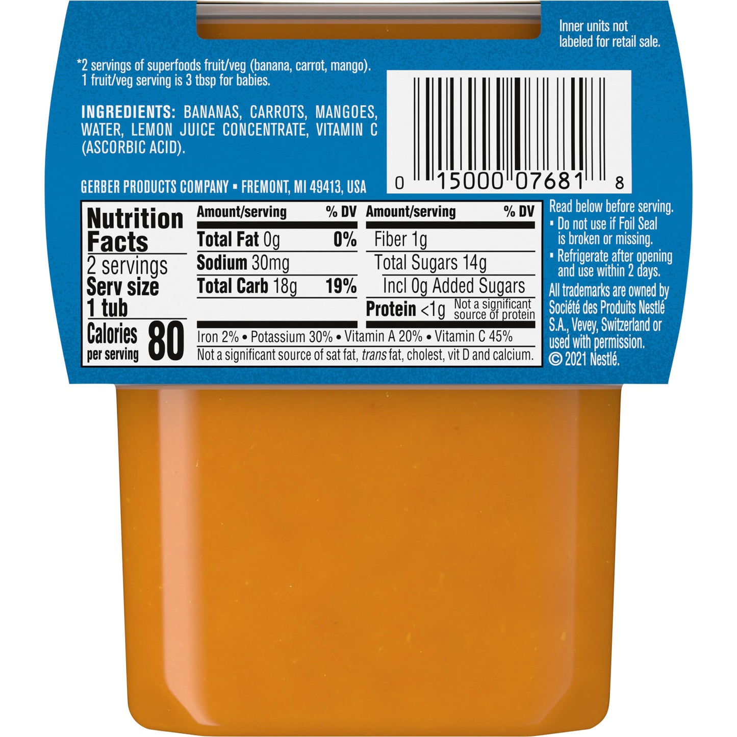 Gerber, Natural for Baby, Wonder Foods™, 2nd Foods®, Banana, Carrot, Mango, 2 Pack, 4 oz (113 g) Each