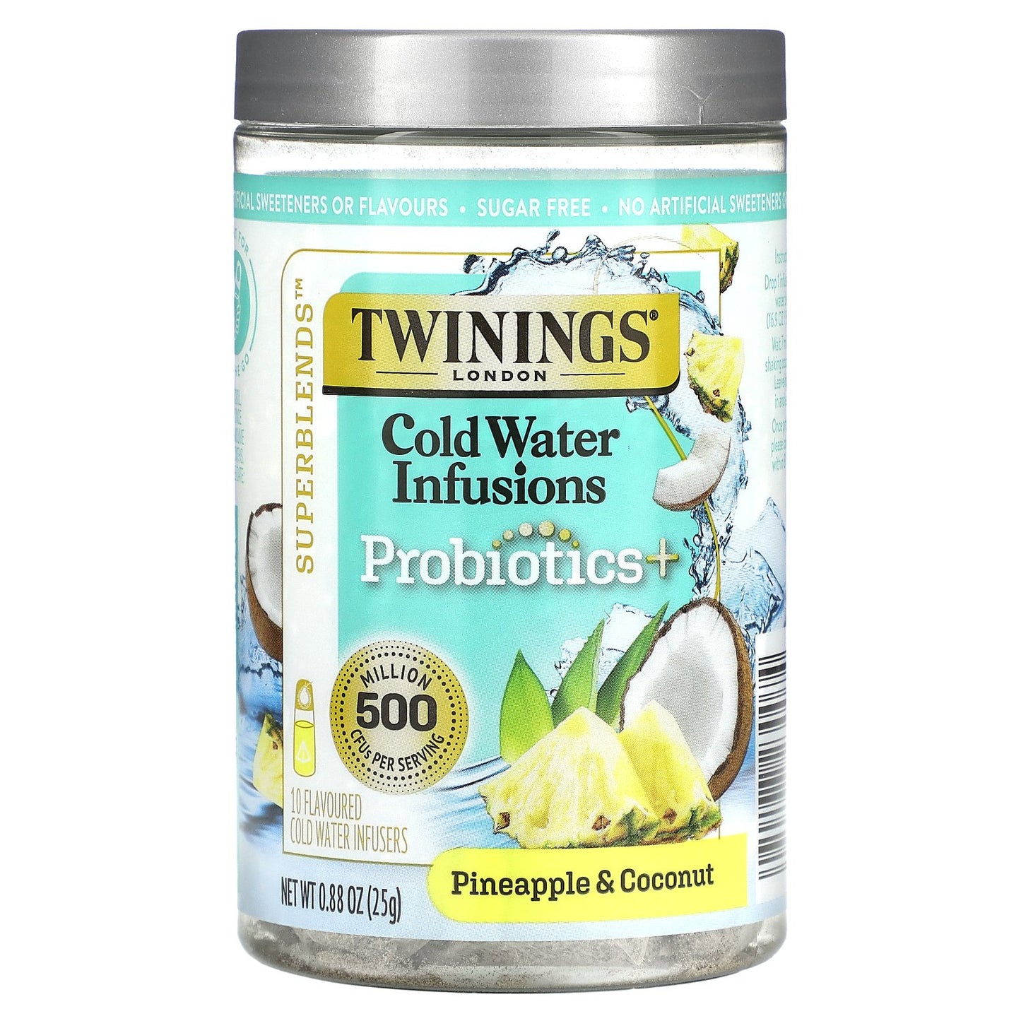 Twinings, Superblends, Cold Water Infusions, Probiotics+, Pineapple & Coconut, Caffeine Free, 10 Flavored Cold Water Infusers, 0.88 oz (25 g)