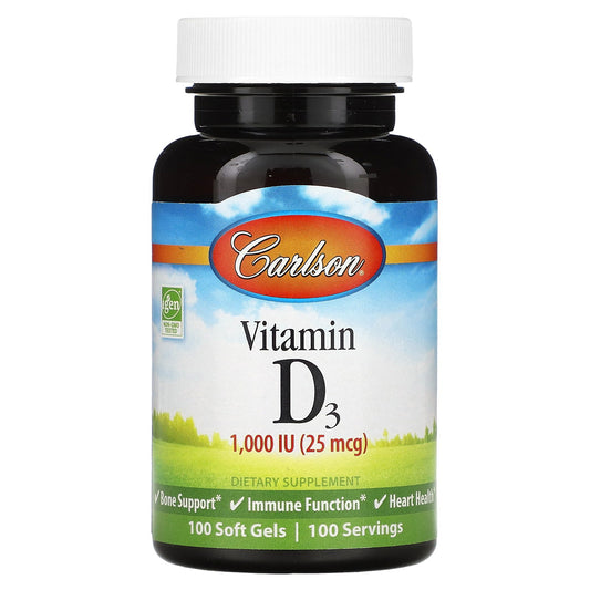 Carlson, Vitamin D3, 25 mcg (1,000 IU), 100 Soft Gels