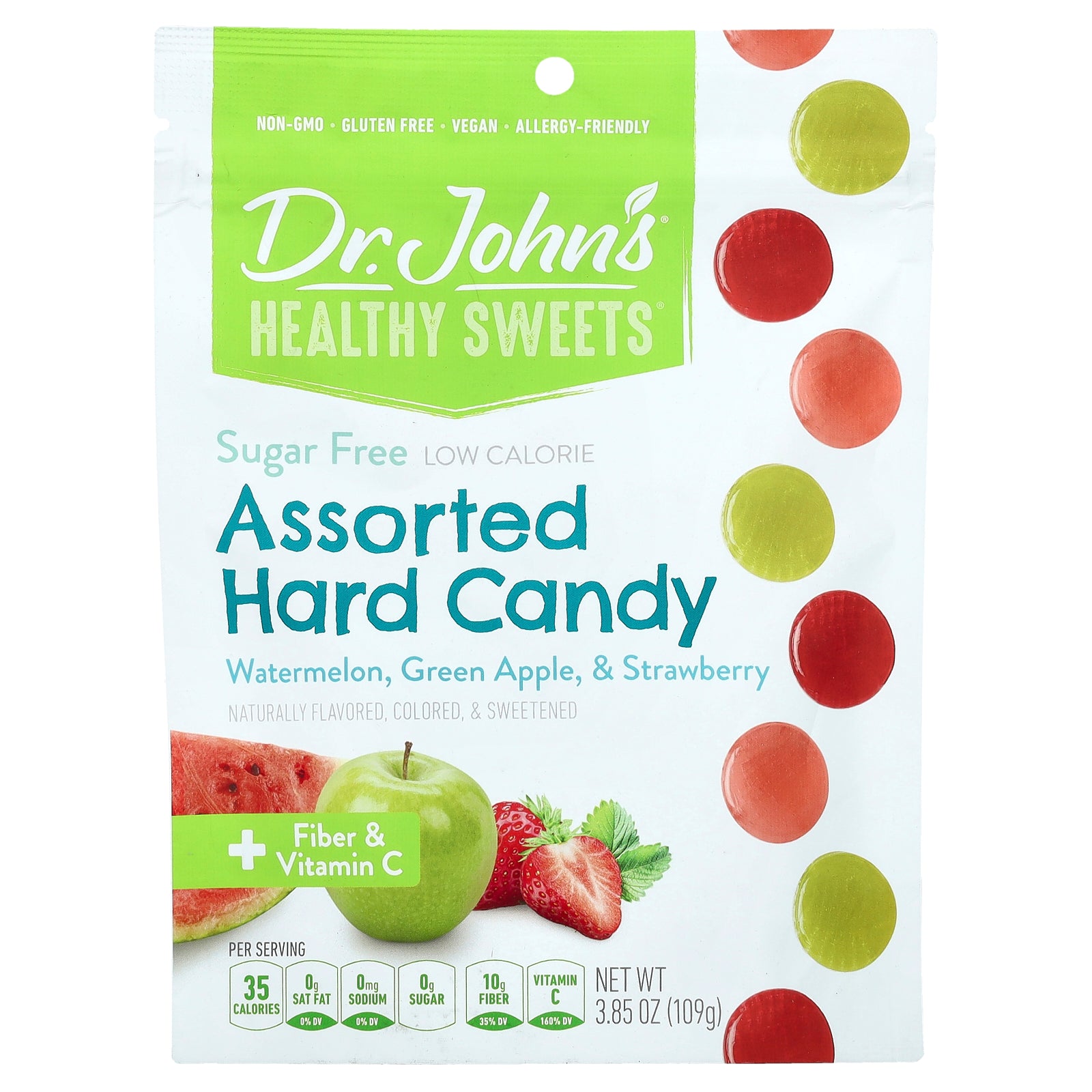 Dr. John's Healthy Sweets, Assorted Hard Candy, + Fiber & Vitamin C, Watermelon, Green Apple, & Strawberry, 3.85 oz (109 g)