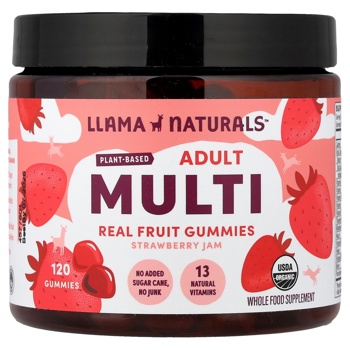 Llama Naturals, Adult Plant-Based Multi, Real Fruit Gummies, Strawberry Jam, 120 Gummies