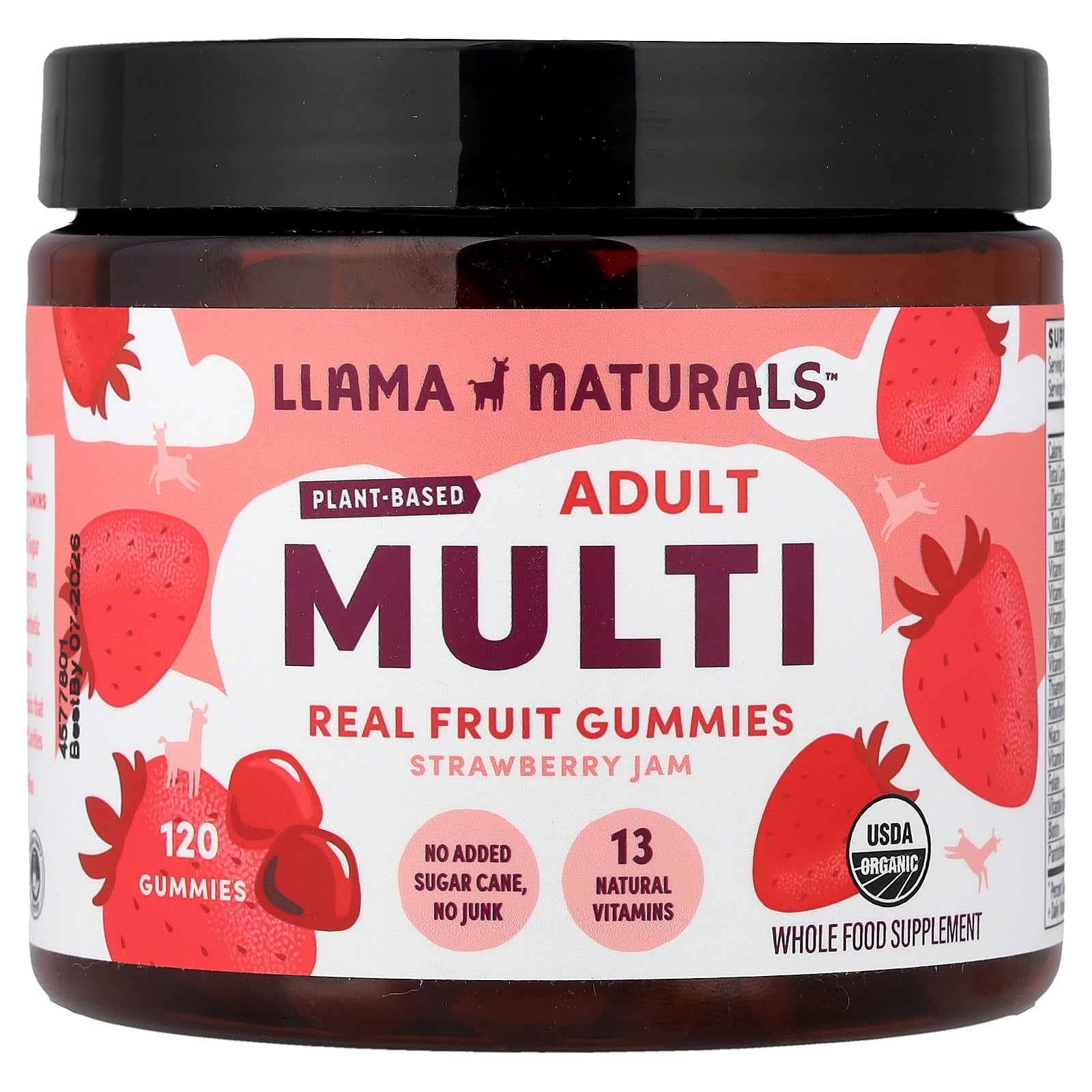 Llama Naturals, Adult Plant-Based Multi, Real Fruit Gummies, Strawberry Jam, 120 Gummies