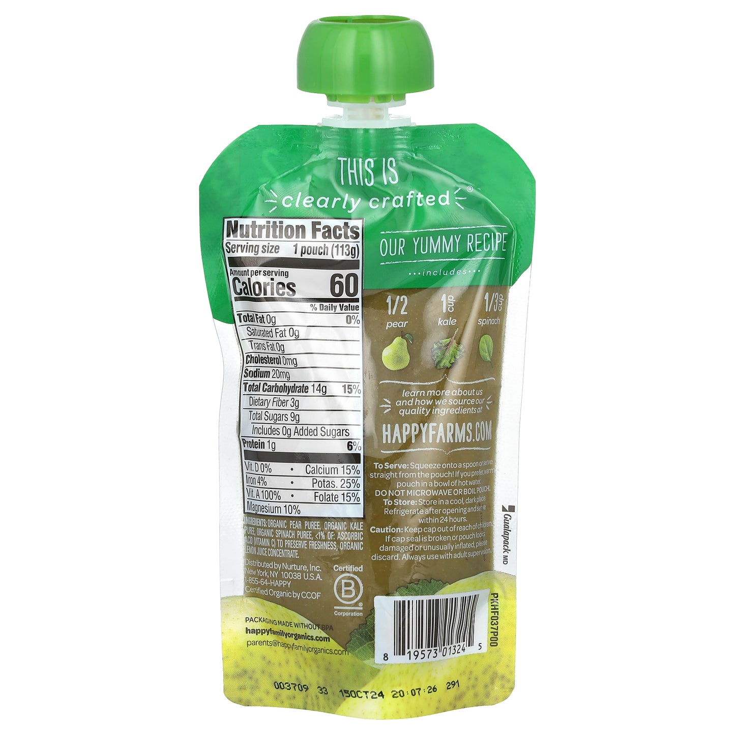 Happy Family Organics, Happy Baby®, Organic Baby Food, 6+ Months, Pears, Kale & Spinach, 4 oz (113 g)