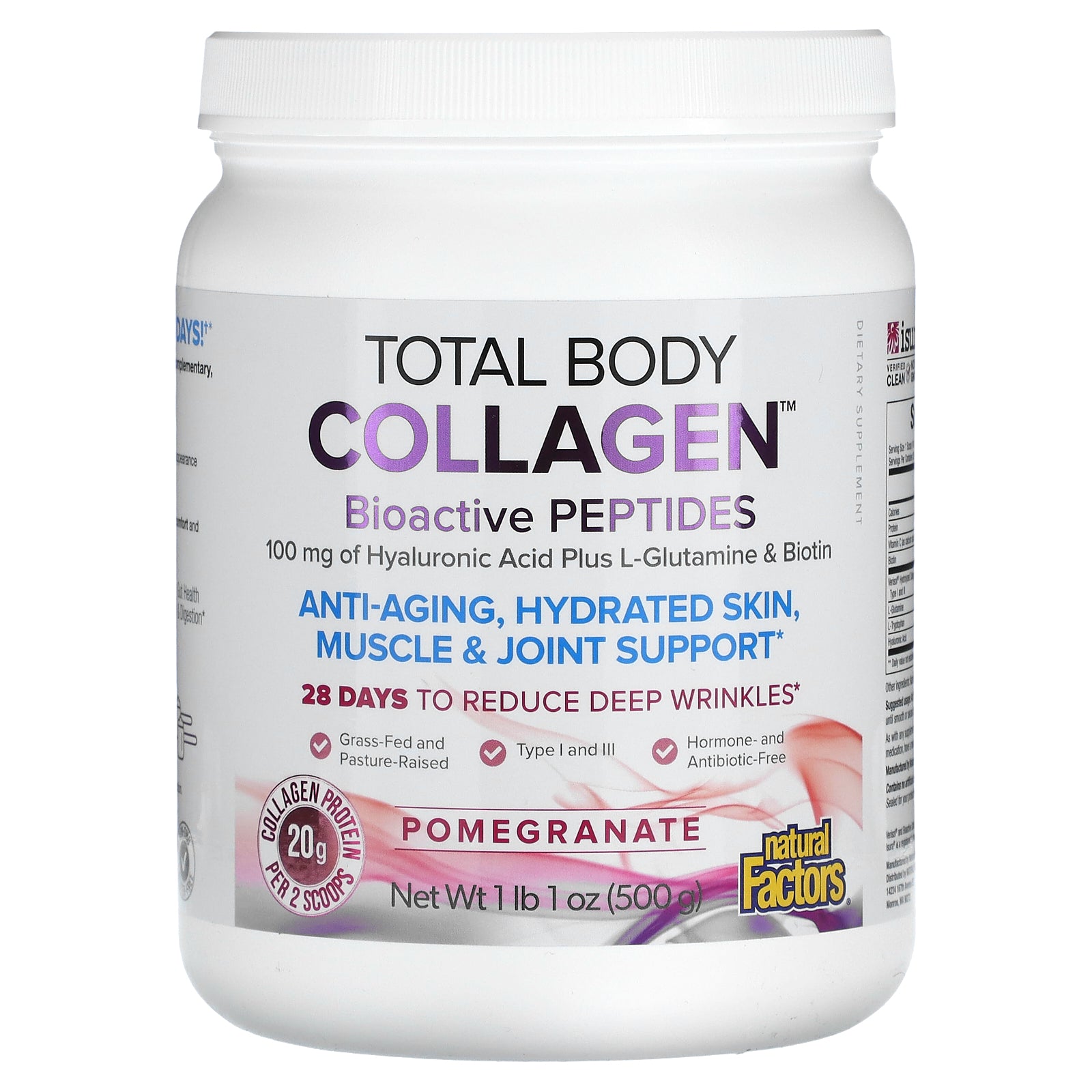 Natural Factors, Total Body Collagen, Bioactive Peptides, Pomegranate, 1 lb 1 oz (500 g)