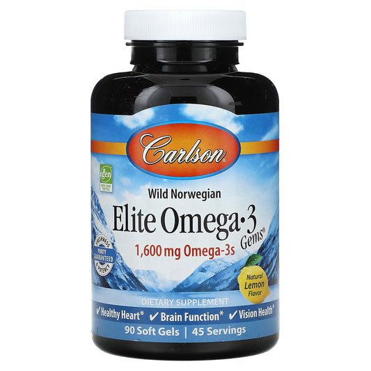 Carlson, Wild Norwegian, Elite Omega-3 Gems, Natural Lemon, 1,600 mg, 90 Soft Gels (800 mg per Soft Gel)