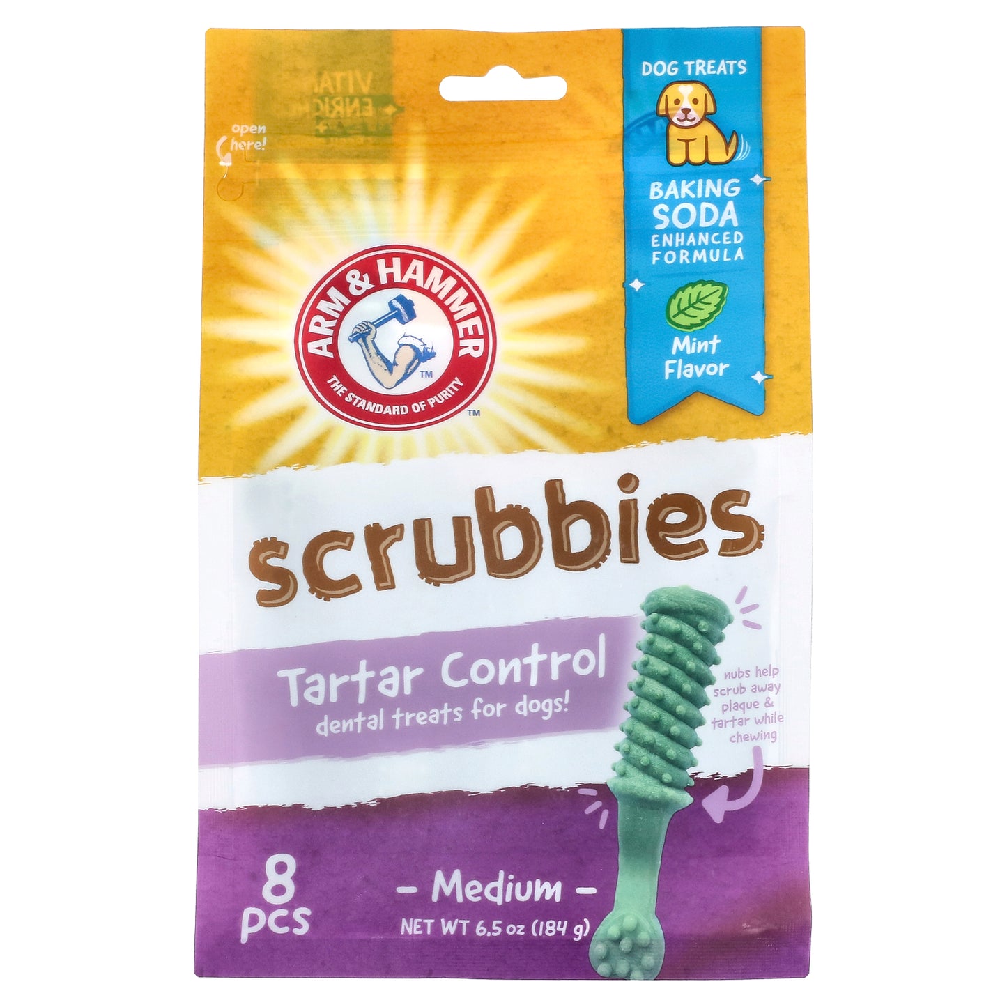 Arm & Hammer, Scrubbies, Tartar Control Dental Treats For Dogs, Medium, Mint, 8 Pieces, 6.5 oz (184 g)