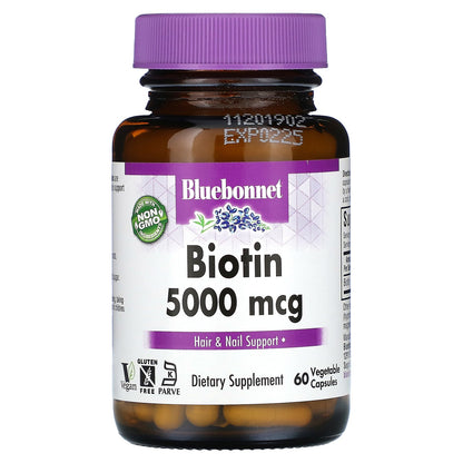 Bluebonnet Nutrition, Biotin, 5,000 mcg, 60 Vegetable Capsules