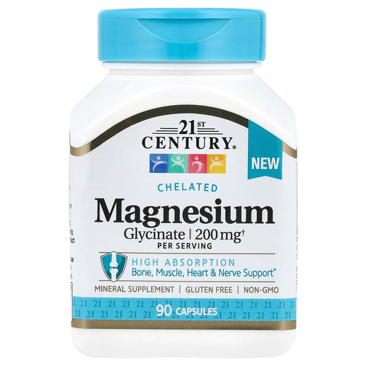 21st Century, Chelated Magnesium Glycinate, 200 mg, 90 Capsules, (100 mg Per Capsule)