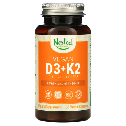 Nested Naturals, Vegan D3 + K2 plus Nettle Leaf, 60 Vegan Capsules