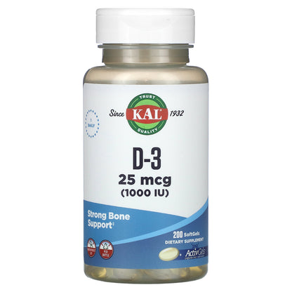 KAL, D-3 , 25 mcg (1,000 IU), 200 Softgels