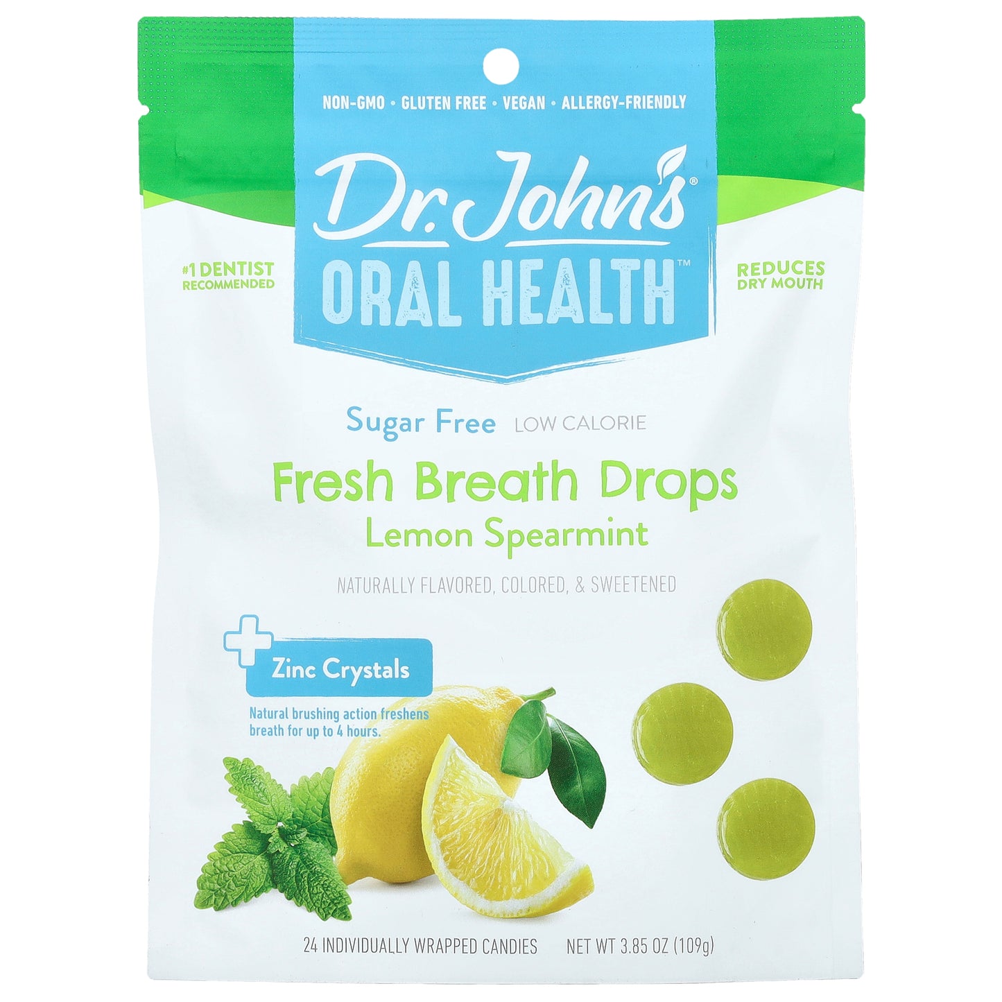 Dr. John's Healthy Sweets, Oral Health™, Fresh Breath Drops, + Zinc Crystals, Lemon Spearmint, Sugar Free, 24 Individually Wrapped Candies, 3.85 oz (109 g)