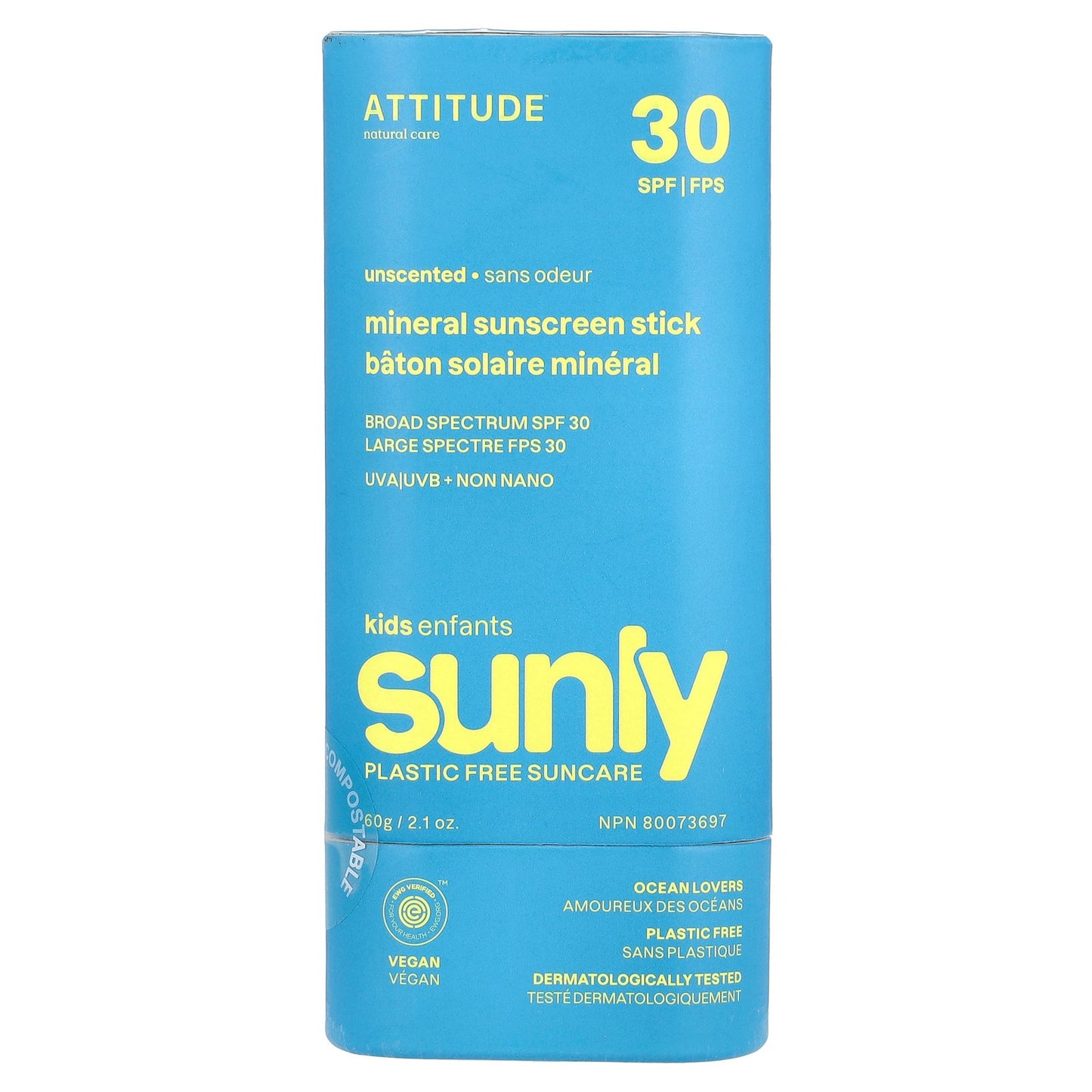 ATTITUDE, Sunly, Mineral Sunscreen Stick, For Kids, SPF 30, Unscented, 2.1 oz (60 g)