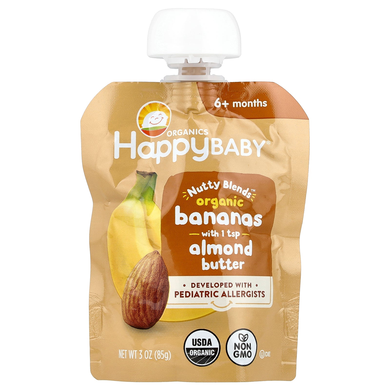 Happy Family Organics, Happy Baby®, Nutty Blends™, 6+ Months, Organic Bananas with 1/2 tsp Almond Butter, 3 oz (85 g)