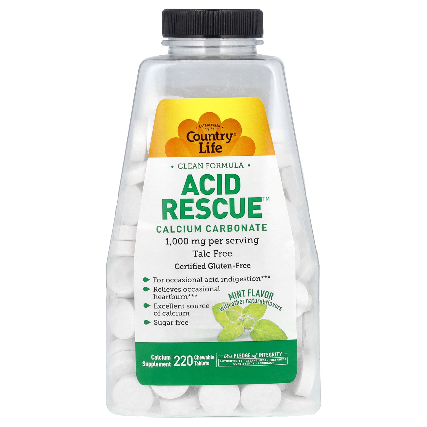 Country Life, Acid Rescue, Calcium Carbonate, Mint, 220 Chewable Tablets