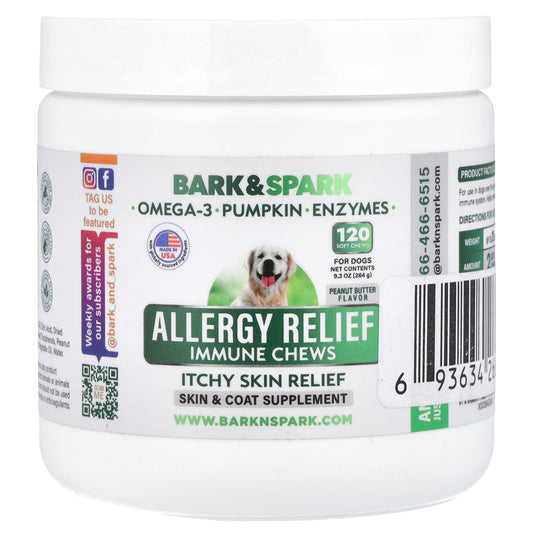 Bark&Spark, Allergy Relief Immune Chews, Itchy Skin Relief, For Dogs, Peanut Butter, 120 Soft Chews, 9.3 oz (264 g)