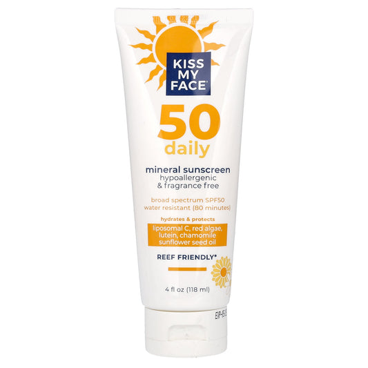 Kiss My Face, 50 Daily, Mineral Sunscreen, SPF 50, Fragrance Free, 4 fl oz (118 ml)