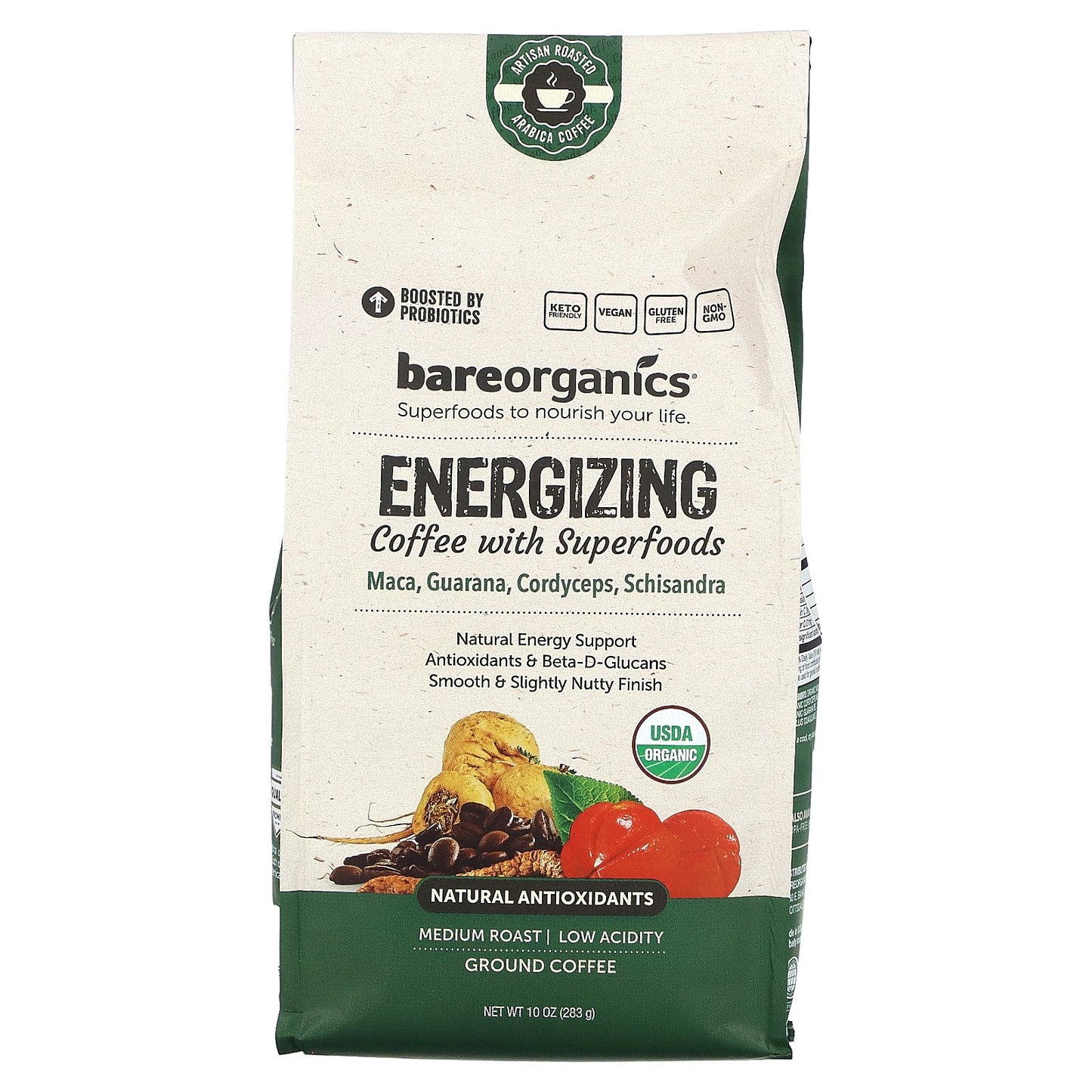 BareOrganics, Energizing Coffee With Superfoods, Ground, Medium Roast, 10 oz (283 g)