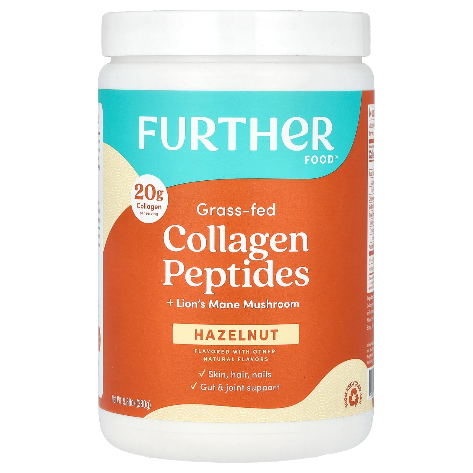 Further Food, Grass-Fed Collagen Peptides + Lion's Mane Mushroom, Hazelnut, 9.88 oz (280 g)