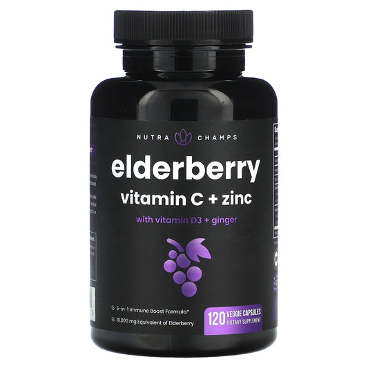 NutraChamps, Elderberry Vitamin C + Zinc with Vitamin D3 + Ginger, 120 Veggie Capsules