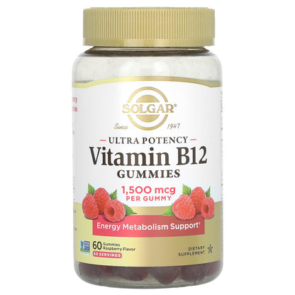Solgar, Ultra Potency Vitamin B12 Gummies, Raspberry, 1,500 mcg, 60 Gummies