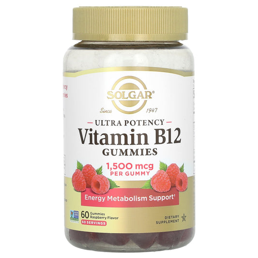 Solgar, Ultra Potency Vitamin B12 Gummies, Raspberry, 1,500 mcg, 60 Gummies