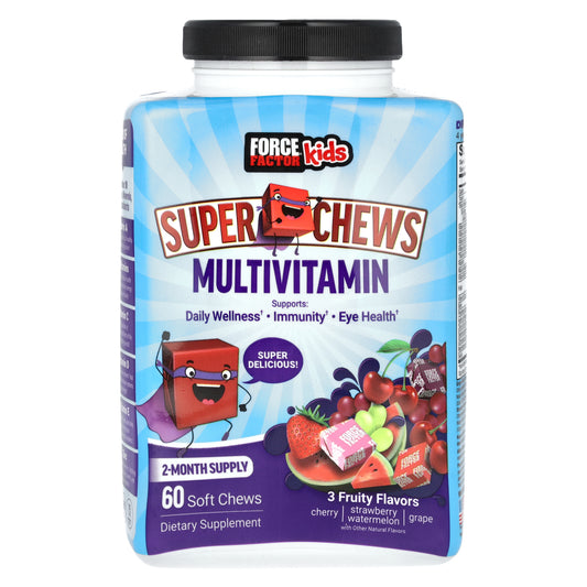 Force Factor, Kids, Super Chews Multivitamin, Cherry, Strawberry Watermelon, Grape, 60 Soft Chews