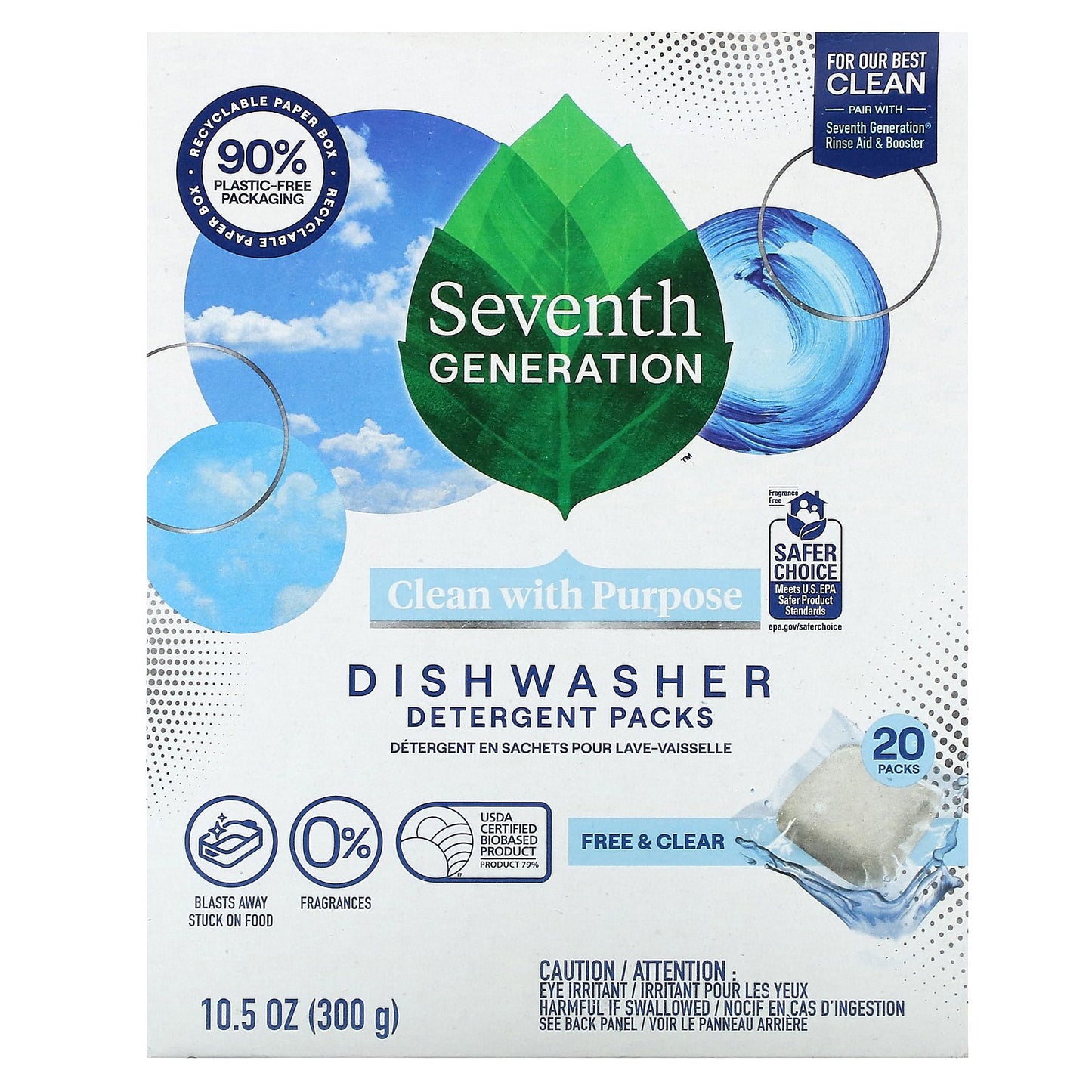 Seventh Generation, Dishwasher Detergent Packs, Free & Clear, 20 Packs, 10.5 oz (300 g)