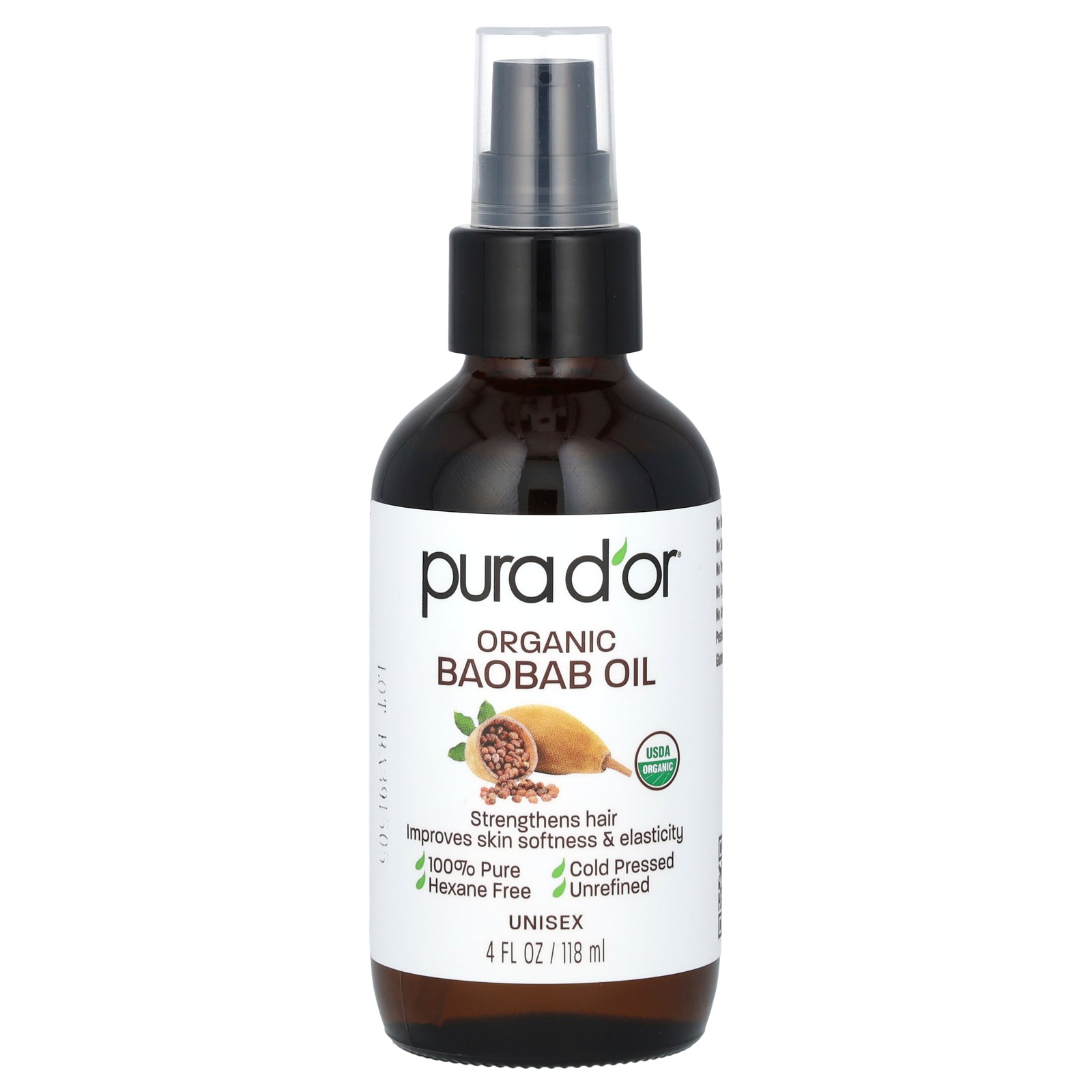 Pura D'or, Organic Baobab Oil, 4 fl oz (118 ml)