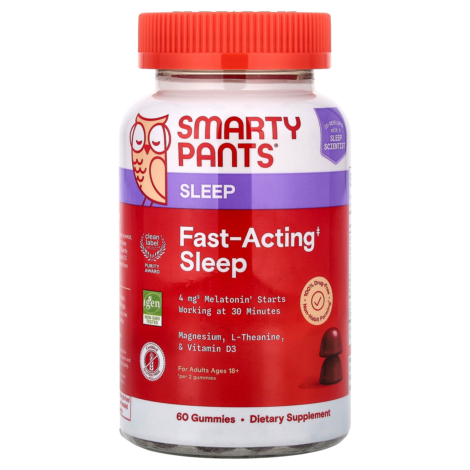 SmartyPants, Sleep, Fast-Acting Sleep Gummies, For Adults Ages 18+, Blueberry Blackberry, 60 Gummies