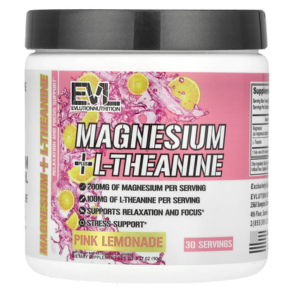 EVLution Nutrition, Magnesium + L-Theanine, Pink Lemonade, 3.17 oz (90 g)